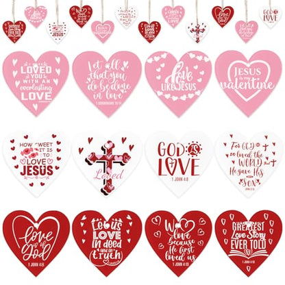 AceOrbit 60 Pcs Acrylic Christian Valentine's Day Tree Ornaments, Double Sided Print, Heart & Cross Hanging Designs with Ropes Faith Based Love Tokens for Couples, Church Gifts, Wedding Favors