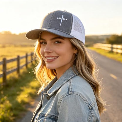 Unisex Embroidered 3 Nails Cross Hats for Men and Women,One Size Fits Most - color: 3 Nails Cross Trucker Hat Grey White