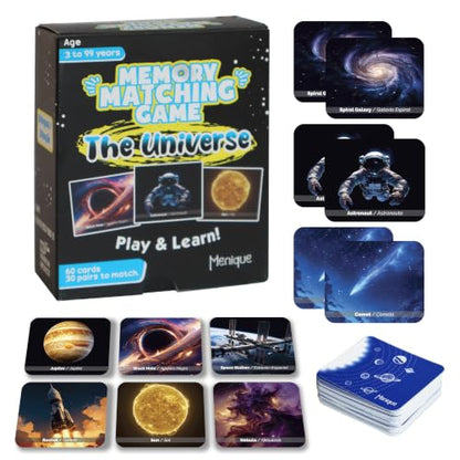 Menique Universe Memory Card Game – 60 Cards (30 Pairs), Bilingual Space Games with Planets, Stars & Galaxies, Educational Matching Game for Kids and Adults Ages 3+ - style: Universe