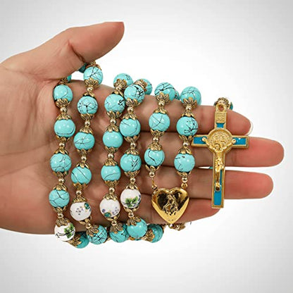 Nazareth Store Saint Benedict 10mm Glass Rosary Beads Catholic Necklace Flowers Mystery Bead Miraculous Medal Locket Cross Prayer Rosarios Catolicos - color: Turquoise