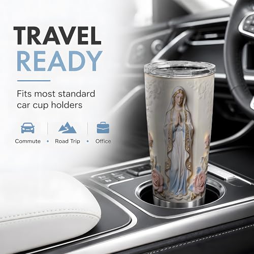 Virgin Mary White Statue Art 20oz Tumbler, Virgin Mary Tumbler for Daily Drinks, Blue Robe Rose Illustration, Catholic Devotional Cup, Religious Design for Women, Men, and Church Use (Steel) - color: Steel