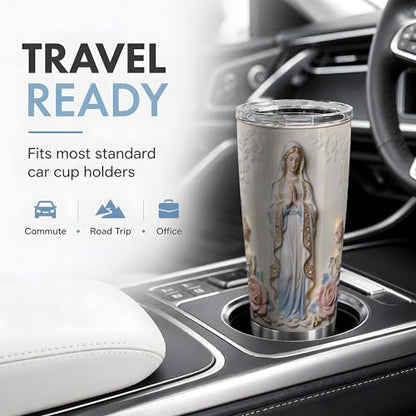 Virgin Mary White Statue Art 20oz Tumbler, Virgin Mary Tumbler for Daily Drinks, Blue Robe Rose Illustration, Catholic Devotional Cup, Religious Design for Women, Men, and Church Use (Steel) - color: Steel