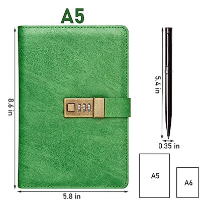 WEMATE Diary with Lock, A5 PU Leather Journal with Lock 240 Pages Green - color: Grass Green