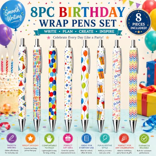 8PC Birthday Pens Ballpoint Writing Pen Bulk Gift Set Happy Birthdays Balloon Colorful Party Supplies Favors Journal Planner Desk Office Accessories Stationery Gifts for Students Adults Men Women - style: Birthday