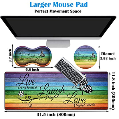 3 Piece Mouse Pad Set with Stitched Edge Large Anti-Slip Mouse Pad Desk Pad Keyboard Pad + Wrist Rest Pad + Coaster, Memory Foam Wrist Rest for Office/Home, Glitter Quote Live Laugh Love - color: HTT-H3-Mouse 010