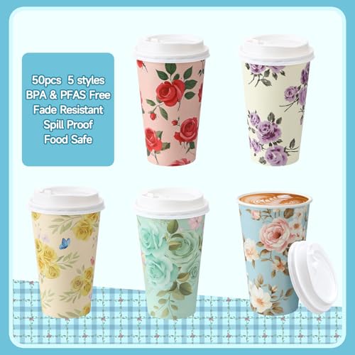 50 Pack 16 oz Disposable Coffee Cups with Lids Floral - style: Floral