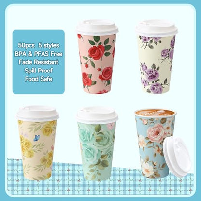 50 Pack 16 oz Disposable Coffee Cups with Lids Floral - style: Floral