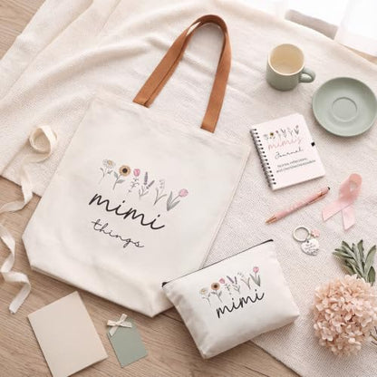 Kinlop 5 Pcs Mimi Gift Set for Women Canvas Tote Bag Notebook Keychain Pen - color: Pink, style: Mimi