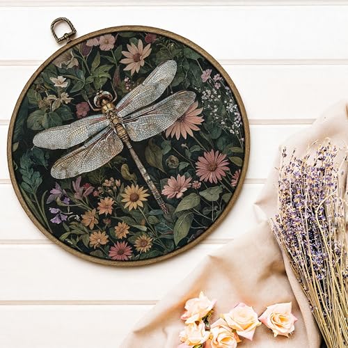 GTYNU Vintage Floral Dragonfly Round Wall Art Decor, Dark Cottagecore Botanical Canvas Prints Framed, Moody Wild Flower Insect Circle Wall Hanging Decorations for Home Bedroom Living Room, 10x10 Inch - color: Decor 06