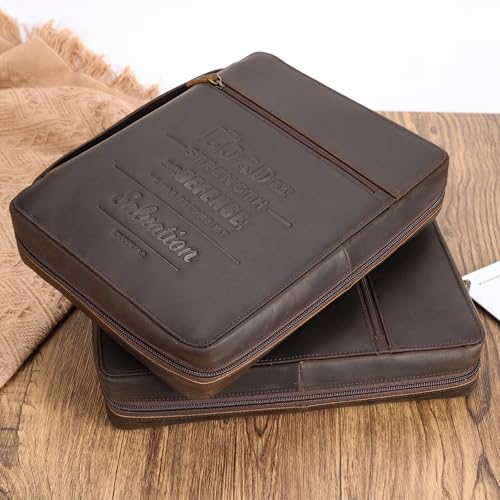 Polare Full Grain Cowhide Leather Bible Cover Church Bag Bible Protective Book Holder Carrying Case Folder Organizer Portfolio (Dark Brown(Lord is My Strength & Defense)) - style: Dark Brown(Lord is My Strength & Defense)
