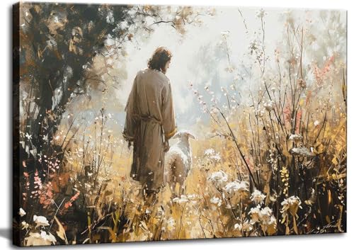 1Pcs Vintage Framed Jesus Lamb Paintings Canvas Wall Art Shepherd Flock Paintings Christian Wall Decor Modern Pictures Religious Art Print for Living Room Bedroom Decoration16x24in - size: 16"L x 24"W
