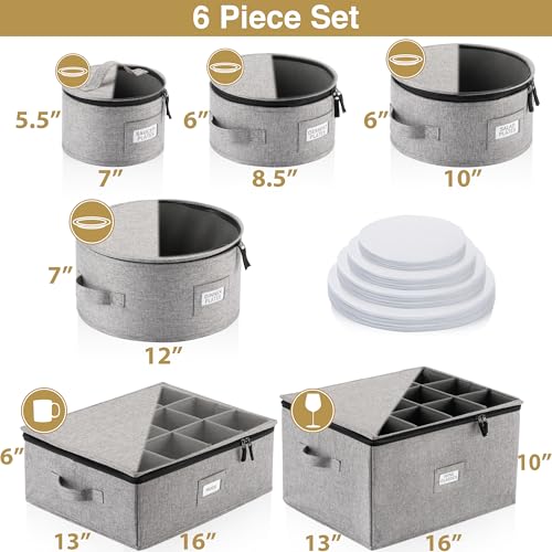 Stack Store Plus More 6pcs Hard Shell China Storage Containers for Cups and Mugs, Wine Glasses and Plates - Heavy Duty Dinnerware Storage - style: Cup + Wine Glass + Plate Storage