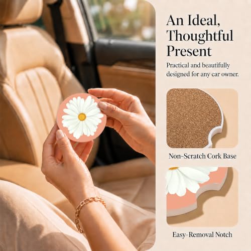 Daisy Car Coasters Set of 2, Boho Flowers Car Ceramic Accessories, 24 - color: Daisy