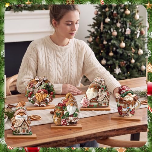 RattanView 5 Pcs Gingerbread Christmas Table Decorations Wooden Ginger Bread Gnome Decor Christmas Table Centerpiece Ginger Bread Village Decorations Xmas Gnome Tiered Tray Decor with Base for Home - style: Gingerbread Gnome