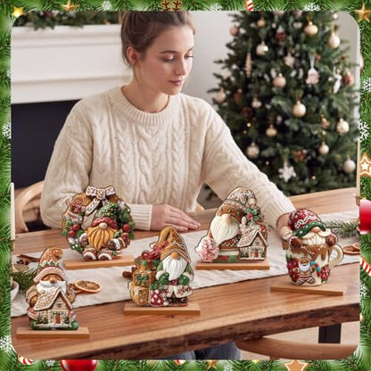 RattanView 5 Pcs Gingerbread Christmas Table Decorations Wooden Ginger Bread Gnome Decor Christmas Table Centerpiece Ginger Bread Village Decorations Xmas Gnome Tiered Tray Decor with Base for Home - style: Gingerbread Gnome