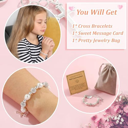 First Communion Confirmation Baptism Cross Bracelet for Girls, Catholic Jewelry Gifts for Kids Daughter Goddaughter Granddaughter 6+2 Inches - style: First Communion