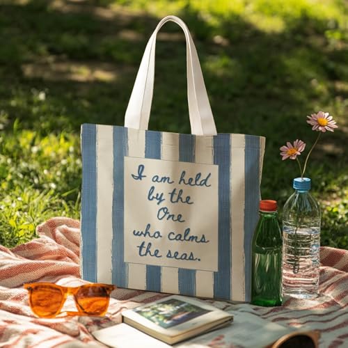 Christian-Flowers-Inspirational Motivational Gifts Canvas Tote Bag for Women,Reusable Shopping Grocery Bags - color: Christian-blue and Beige Striped