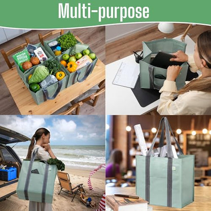 VENO 4 Pack Large Grocery Bag Reusable Shopping Bags with Hard Bottom - color: Light Green
