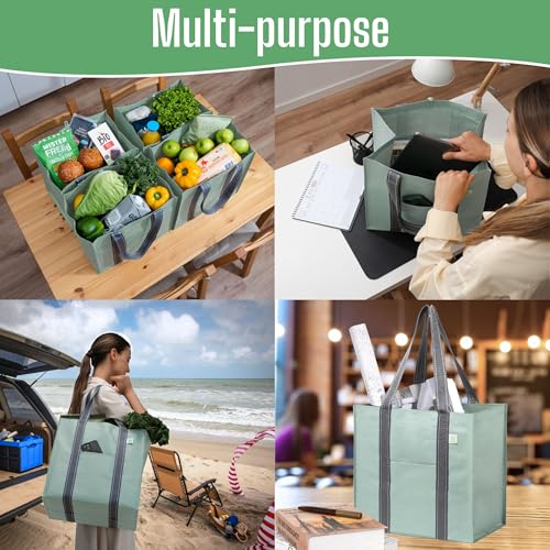 VENO 4 Pack Large Grocery Bag Reusable Shopping Bags with Hard Bottom - color: Light Green