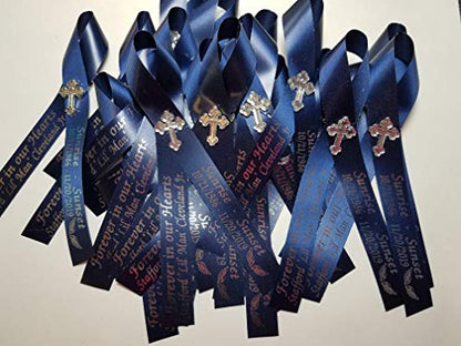 Personalized Memorial Service Funeral Ribbon Pins 20 Cross Religious Celebration of Life Custom Made Awareness Remembrance Anniversary Death Cross Sympathy Name Angel - color: Navy