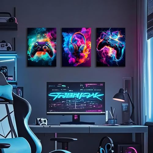 WENGTIAO 3Pcs Neon Gamepad Headphones Canvas Wall Art Prints 12"x16" - color: Cool Game Controller, size: 12"x16"x3Pcs