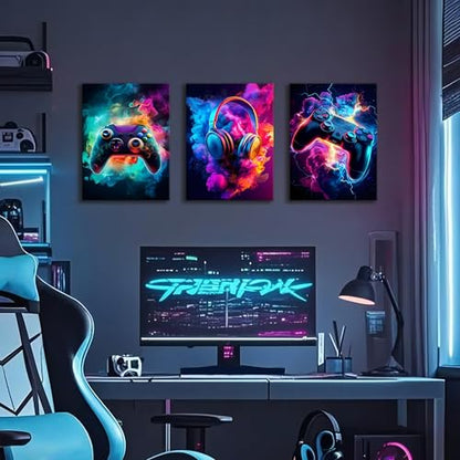 WENGTIAO 3Pcs Neon Gamepad Headphones Canvas Wall Art Prints 12"x16" - color: Cool Game Controller, size: 12"x16"x3Pcs