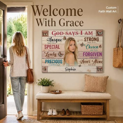 Ipplee Personalized God Says I Am Photo Canvas, Custom Name Christian - color: Design02
