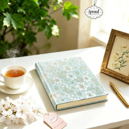 Blue Notebook, Beautiful Writing Journal for Women, A5, Hardcover, Lay Flat, Ruled Paper, Cherry Blossom Flowers, Cyan - color: Cherry Blossom Cyan