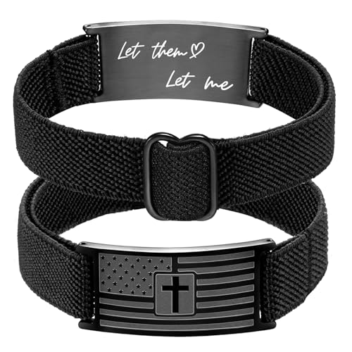 Easter Basket Stuffers - American Flag Cross Bracelet for Boys Men Freedom Adjustable Strap Christian Bracelets Engraved Bible Verses Inspirational Messages Religious Prayer Jewelry Gift Military Patriotic Wristbands - color: Black, size: Let Them，let me
