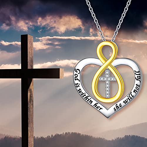 S925 Sterling Silver Christian Cross Heart Faith Bible Verse Necklace Rings - style: God is within her she will not fall -Infinity