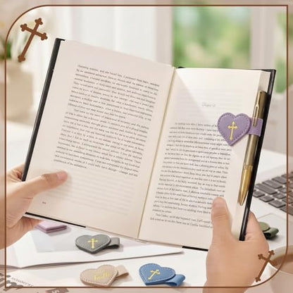 Resurhang 10 Pcs Magnetic Bible Bookmarks Heart Leather Cross Pen Clip
