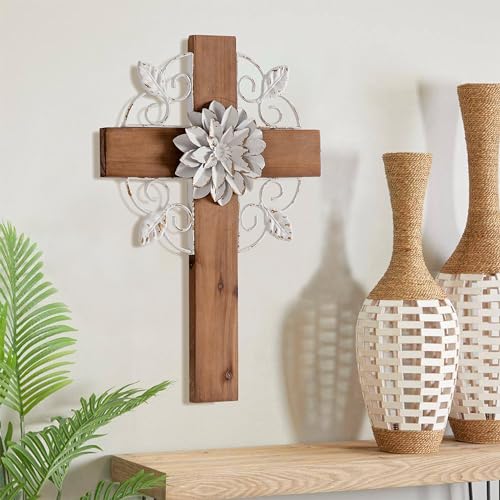 SOFE Rustic Crosses Wall Decor with Metal Floral, Handmade Distressed