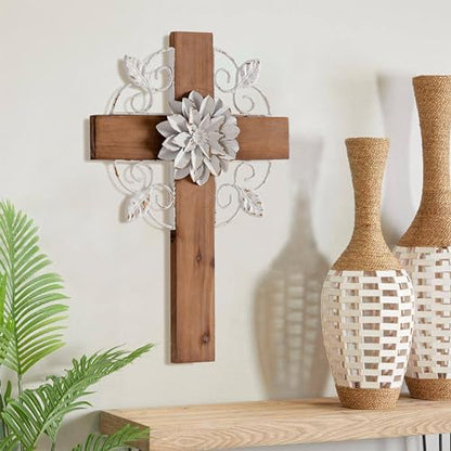 SOFE Rustic Crosses Wall Decor with Metal Floral, Handmade Distressed