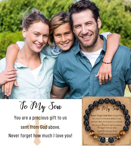 TONY & SANDY Christian Gift for Him Kids Teen Boys Adults Men Cross Bracelet Son Grandson Birthday Graduation Easter Religious Gifts for Men Christmas - style: Son ( 7.5 Inches )