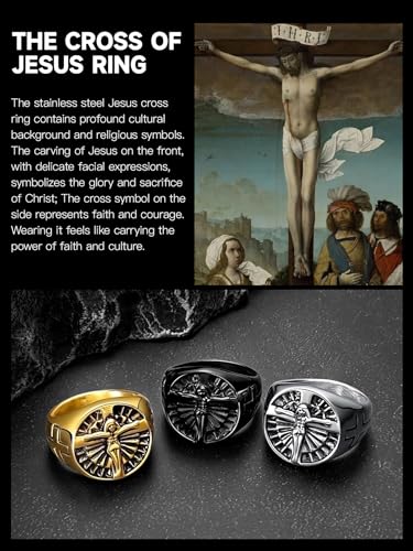 Christian Cross Rings for Men - Stainless Steel Jesus Jewelry with Celtic Knot Sides (Gold/Black/Silver) - Catholic Religious Gift, Size 7-13 - color: J: Silver-Cross