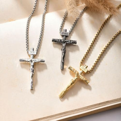 Crucifix Cross Necklace for Men and Women with Exquisite Jesus Pendant and Stainless Steel Chain 16-30 Inch - color: Antique White Gold, size: 0 Inch=No Chains, style: Medium Pendant-1.8"x1.1"