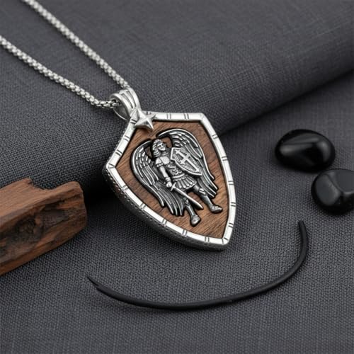 ONEFINITY Wooden Necklace Viking Wolf/St Benedict Medals/St Michael/Crucifix/St Christopher Pendant Necklace for Men Archangel Amulet Wooden Religious Jewelry Gifts for Men Women - style: St Michael-Shield