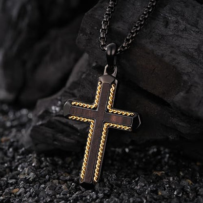 Wooden Cross Necklace for Men With Stainless steel And Black Ebony Adjustable Box Chain 24–26 inches Suitable for Everyday Wear And Christian Gifts for Men - color: Black-K