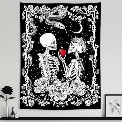 Accnicc Skeleton Lovers Tapestry Gothic Skull Vertical Tapestries Wall Hanging Black and White Floral Plant Snake Horror Small Tapestry for Bedroom Living Room Dorm 48 x 36 inch - color: Black, size: 48"L x 36"W