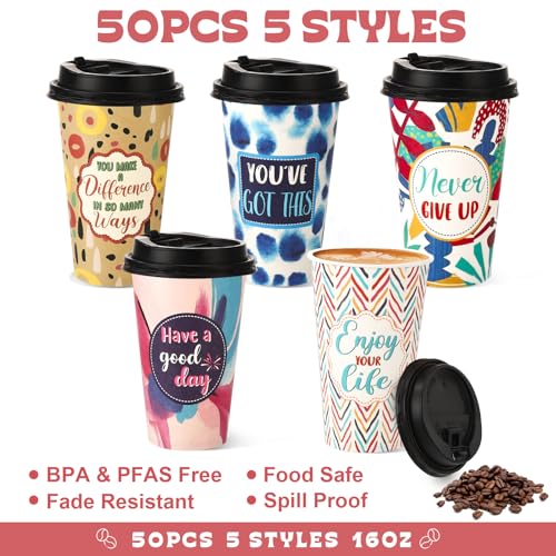 50 Pack 16 oz Disposable Coffee Cup with Lids Colorful Geometric - style: Colorful Geometric Inspirational Quotes