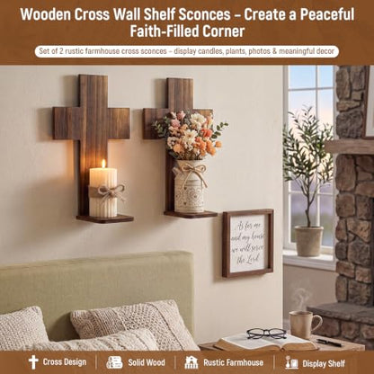 2 Pack Wooden Cross Wall Candle Sconces Farmhouse Hanging Wall Decor