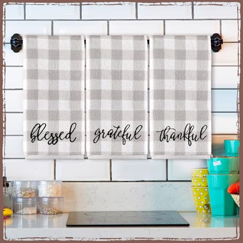 3 Pcs Gray Plaid Farmhouse Hand Towel Blessed Thankful Grateful Embroidered - color: Farmhouse, size: 13.3 x 29.5 inches