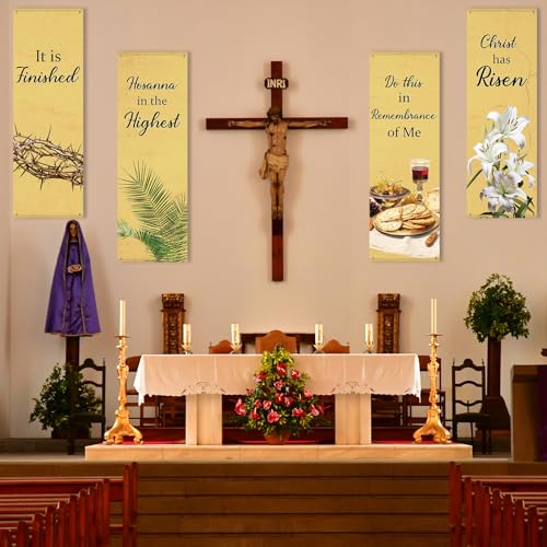 4Pcs Easter Church Banners for Sanctuary Wall Religious Banners Hanging Backdrop Praise Hanging Sign with Scripture Bible Verses Banner Easter Banner for Church School Decor(Retro Warm Yellow) - style: Retro Warm Yellow