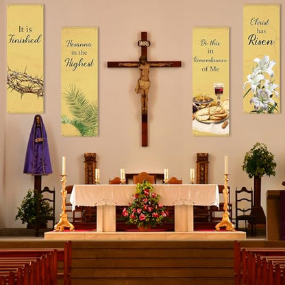 4Pcs Easter Church Banners for Sanctuary Wall Religious Banners Hanging Backdrop Praise Hanging Sign with Scripture Bible Verses Banner Easter Banner for Church School Decor(Retro Warm Yellow) - style: Retro Warm Yellow