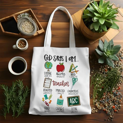 VICBOU Bible Verse Canvas Tote Bag, Inspirational Religious Christian Gifts for Women Men Canvas Tote Reusable Grocery Bags - color: Godsays02