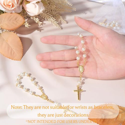 10 Set Baptism Party Favors Mini Rosary Beads Faux Pearls with Organza Bags for Christening Weddings First Communion Party Favors - style: Gold Pearl