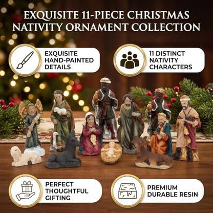 Tnfeeon 11 Pcs Christmas Indoor Resin Nativity Figurine Set Collectible Countertop Nativity Figures Miniature Statue Holy Family Decor