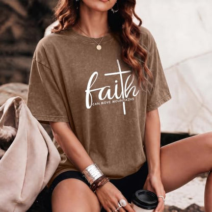 Christian Shirts for Women Faith Can Move Mountains Acid Wash Graphic Shirt Jesus Religious Bible Verse Tee Tops - color: Coffee, size: Large