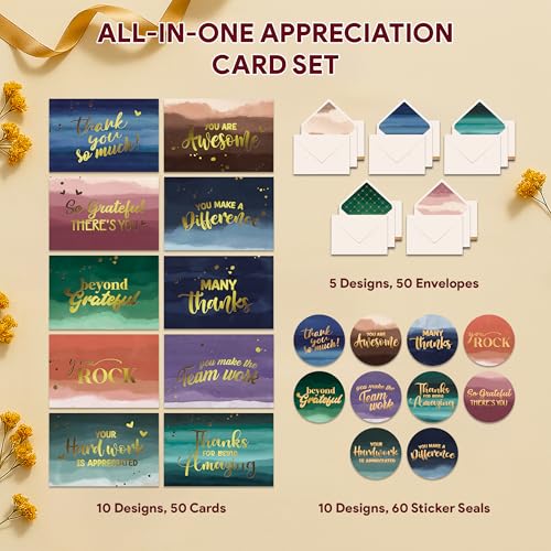 Decorably 50 Pack Gold Foil 6x4in Watercolor Thank You Cards with Envelopes
