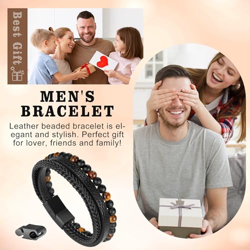 Beaded Leather Bracelets - Gifts for Men, 6mm Tiger Eye Lava Rock Stone Beads Braided Leather Bracelet Handmade Mens Bracelet With Adjustable Magnetic Clasp - color: Black-12